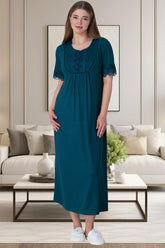 Guipure Collar Plus Size Maternity & Nursing Nightgown Petrol - 6029