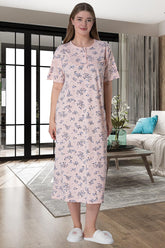 Flower Pattern Plus Size Maternity & Nursing Nightgown Powder - 6030