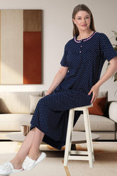Polka Dot Lace Plus Size Maternity & Nursing Nightgown Navy Blue - 6041