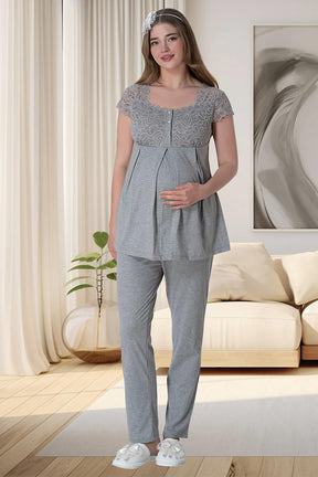 Lace Shoulder 3-Pieces Maternity & Nursing Pajamas With Melange Robe Grey - 6003