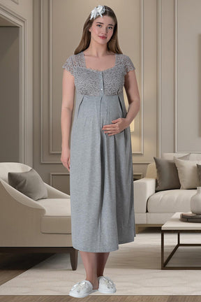 Melange Lace Shoulder 4 Pieces Maternity & Nursing Set Grey - 6066