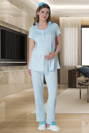 Lace Long Lez Lacy 4 Pieces Maternity & Nursing Set Blue - 6060