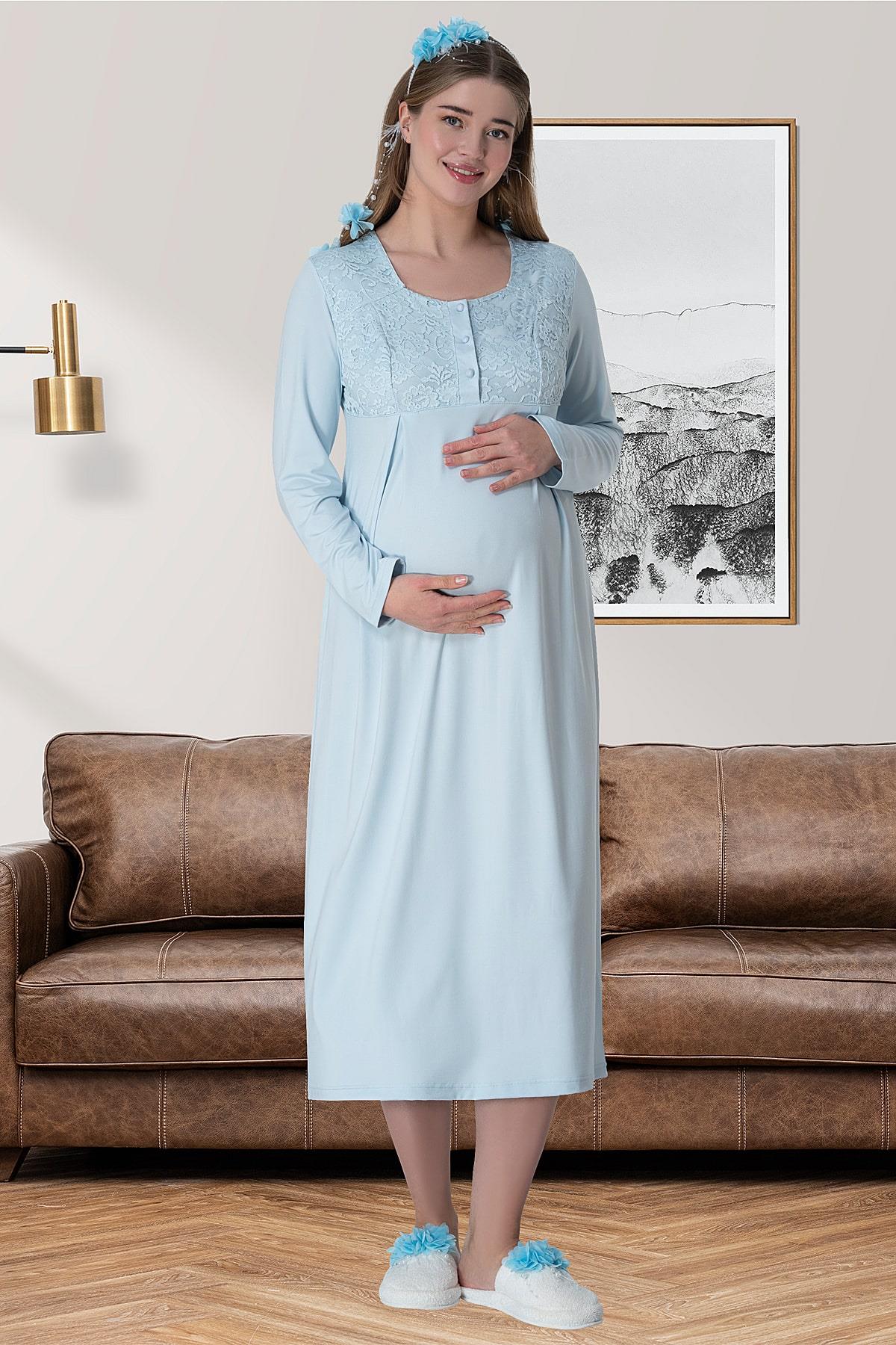 Lace Long Lez Lacy 4 Pieces Maternity & Nursing Set Blue - 6060