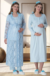 Lace Long Lez Lacy 4 Pieces Maternity & Nursing Set Blue - 6060
