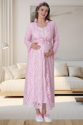 Lace Long Lez Lacy 4 Pieces Maternity & Nursing Set Pink - 6060