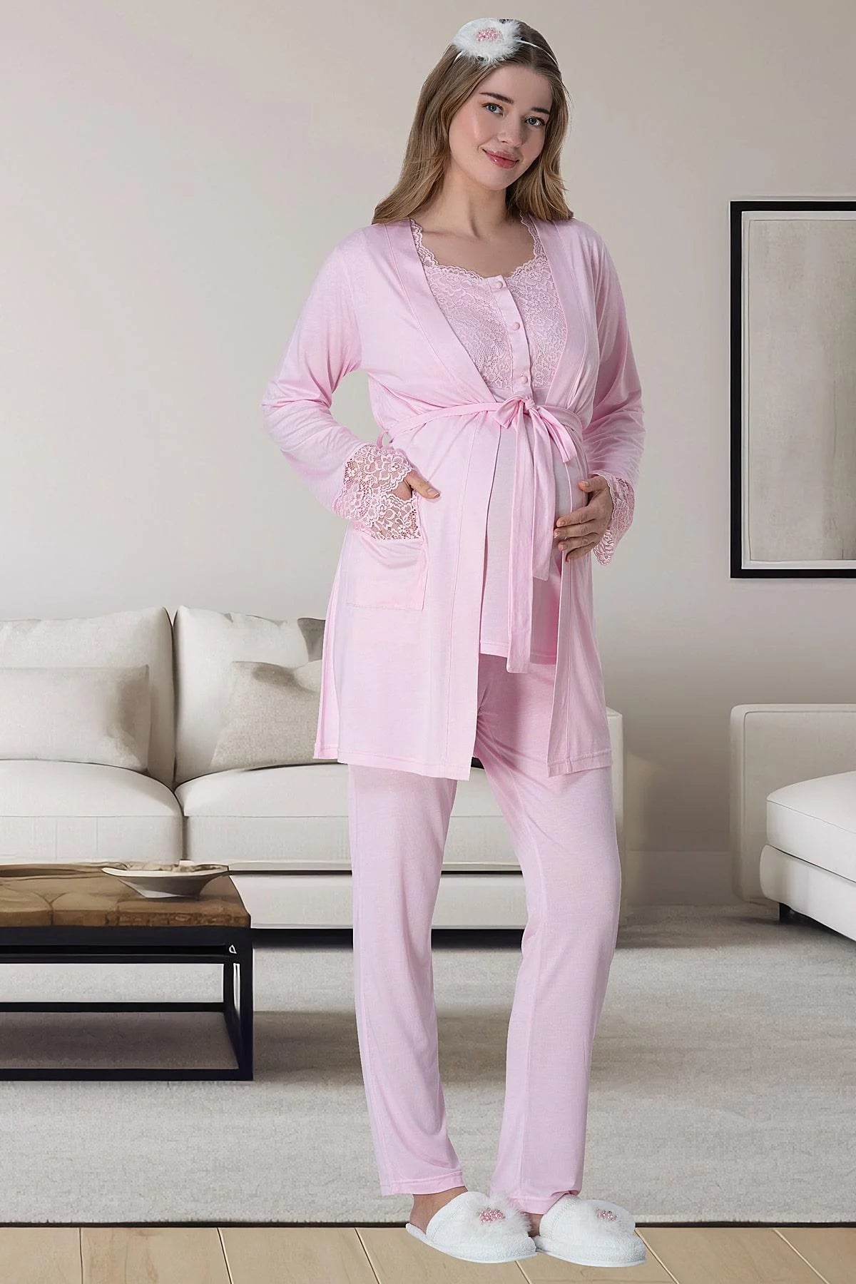 Lace Collar 4 Pieces Maternity & Nursing Set Pink - 6062