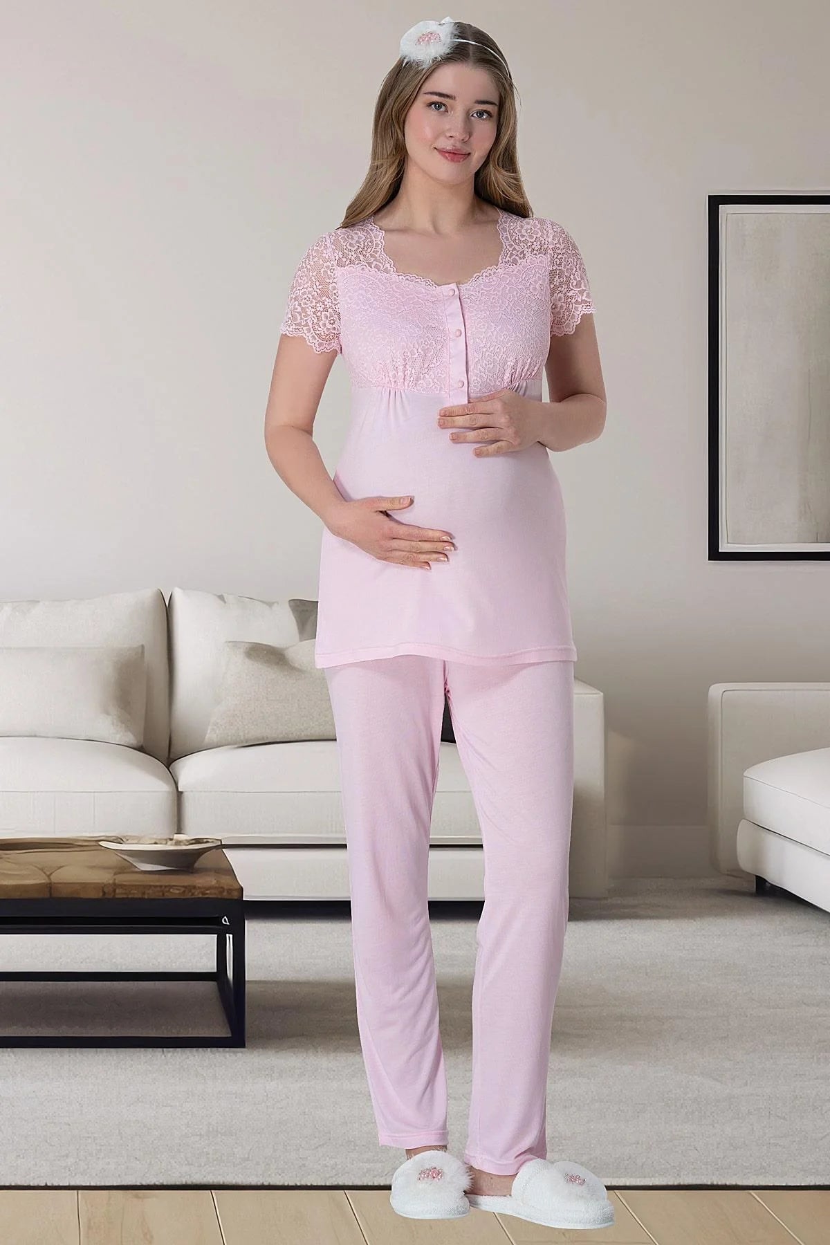 Lace Collar 4 Pieces Maternity & Nursing Set Pink - 6062