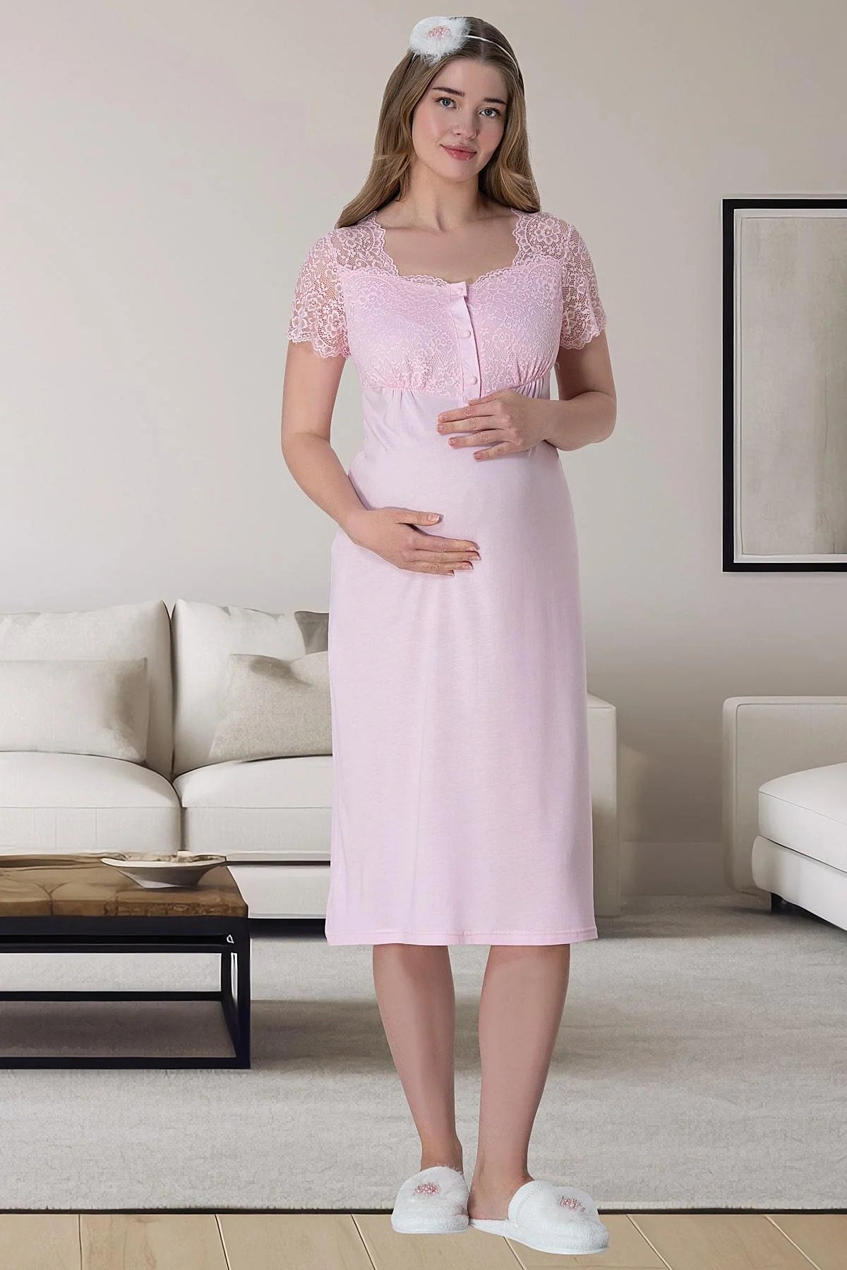 Lace Collar 4 Pieces Maternity & Nursing Set Pink - 6062