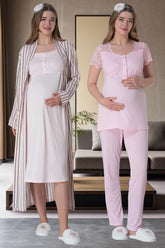 Stripe Lace Shoulder 4 Pieces Maternity & Nursing Set Pink - 6063