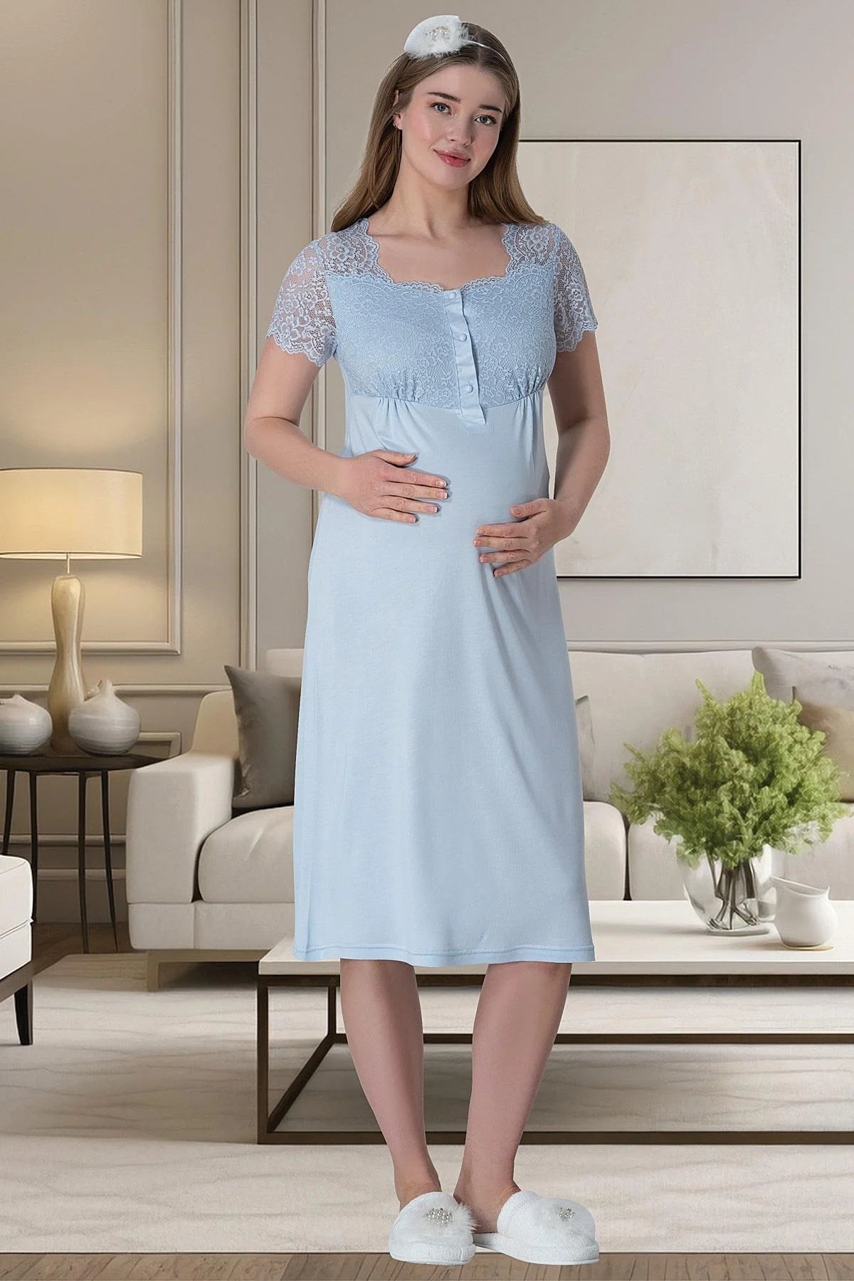 Lace Collar 4 Pieces Maternity & Nursing Set Blue - 6065