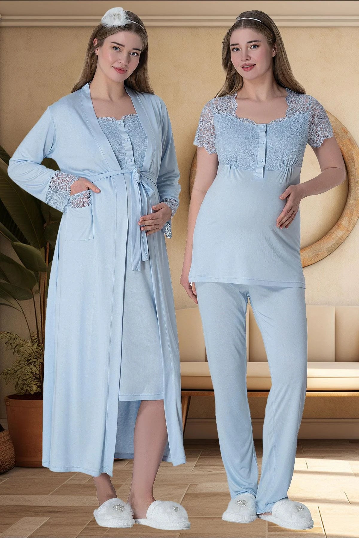 Lace Collar 4 Pieces Maternity & Nursing Set Blue - 6065