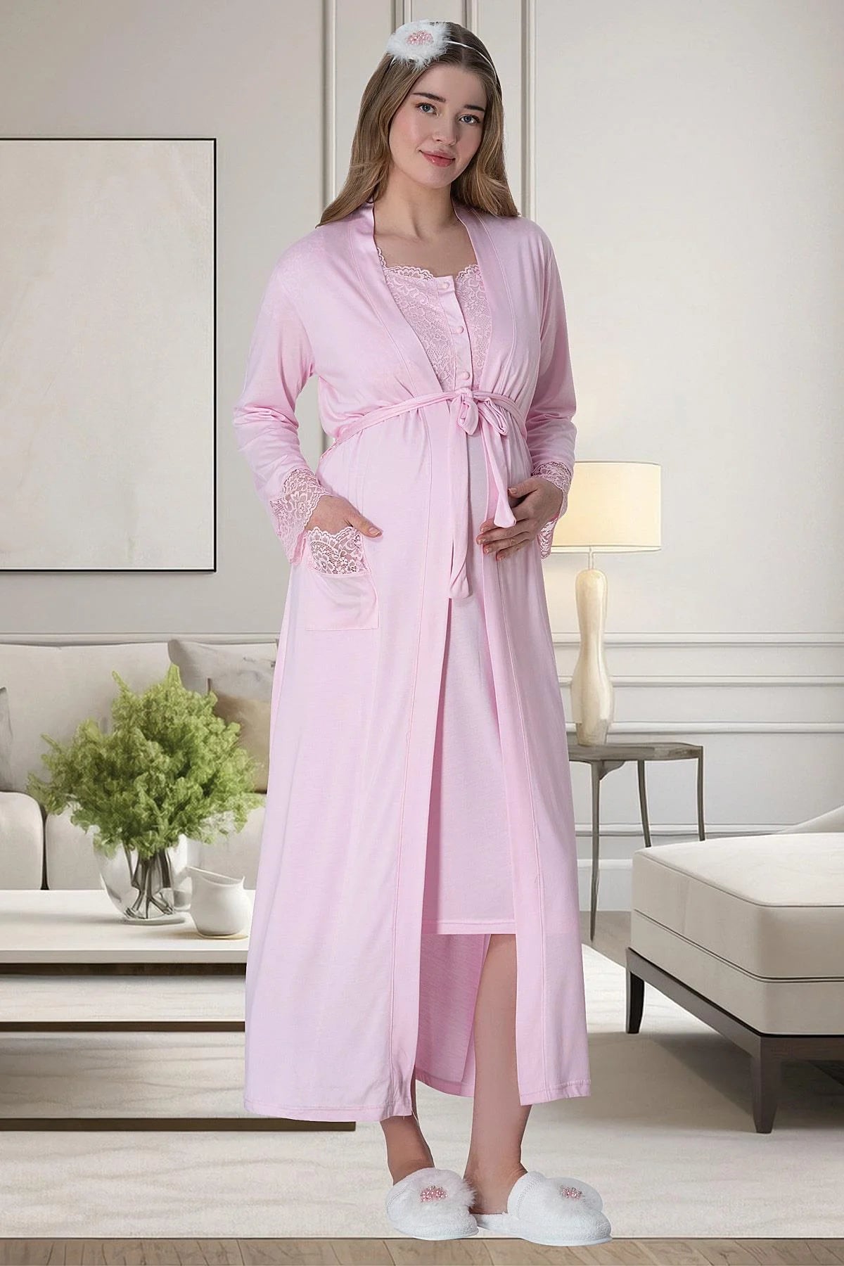 Lace Collar 4 Pieces Maternity & Nursing Set Pink - 6065