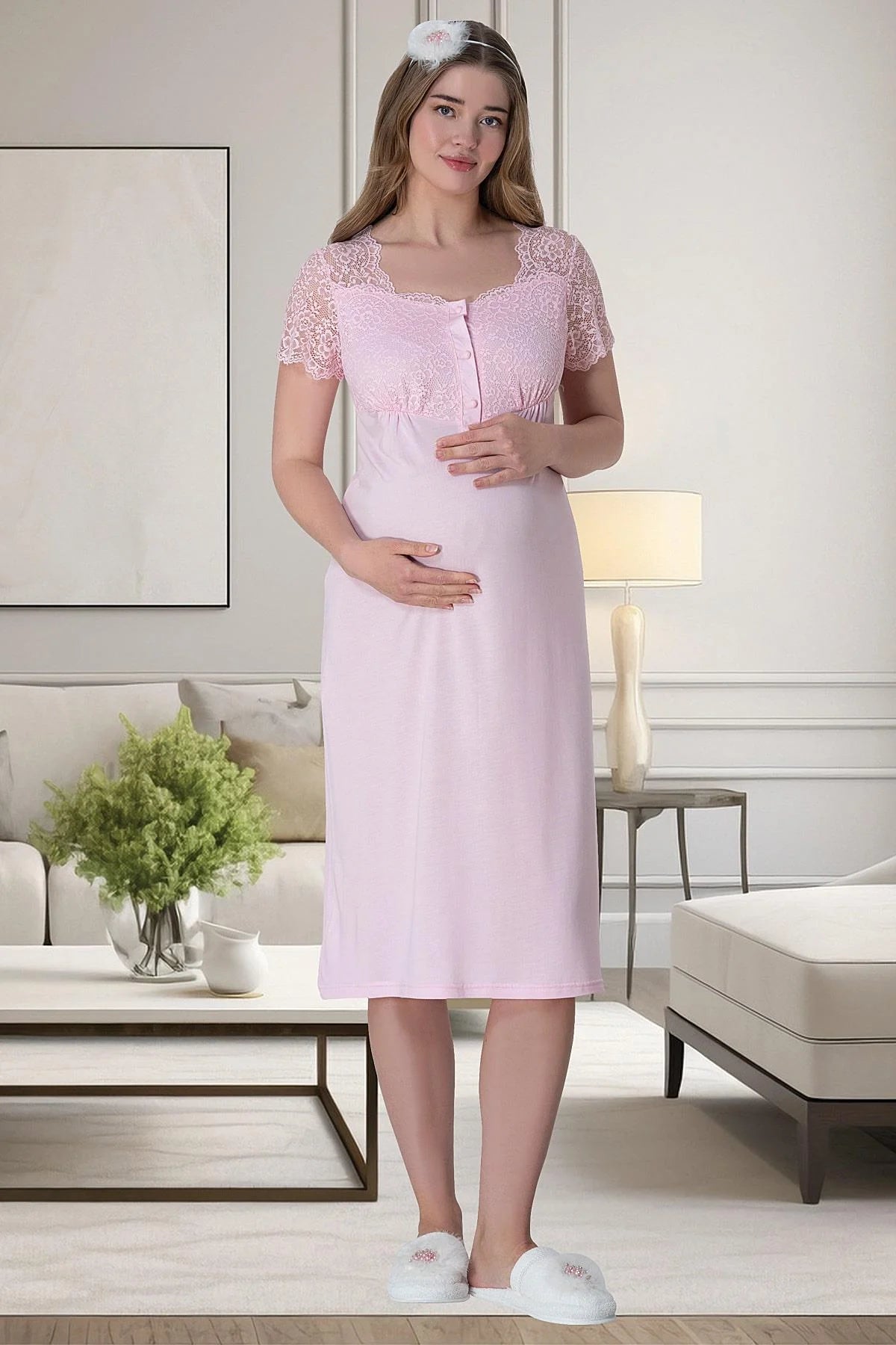 Lace Collar 4 Pieces Maternity & Nursing Set Pink - 6065