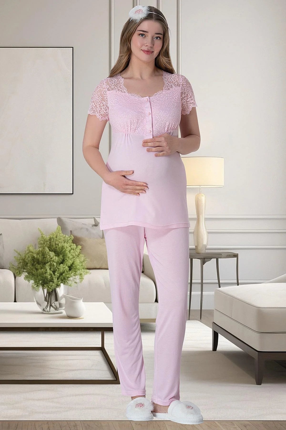 Lace Collar 4 Pieces Maternity & Nursing Set Pink - 6065