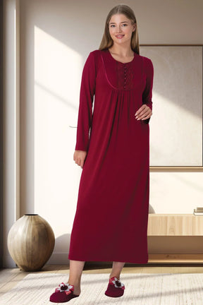 Lace Collar Plus Size Maternity & Nursing Nightgown With Robe Claret Red - 6070