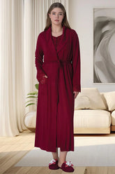 Lace Collar Plus Size Maternity & Nursing Nightgown With Robe Claret Red - 6070