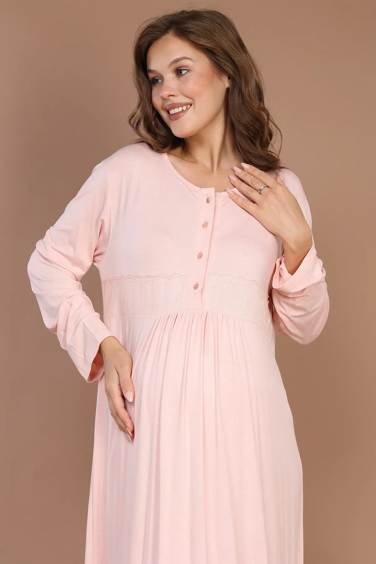 Lace Collar Maternity-Nursing Nightgown & Robe Set Pink - 608