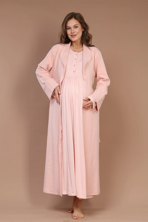 Lace Collar Maternity-Nursing Nightgown & Robe Set Pink - 608