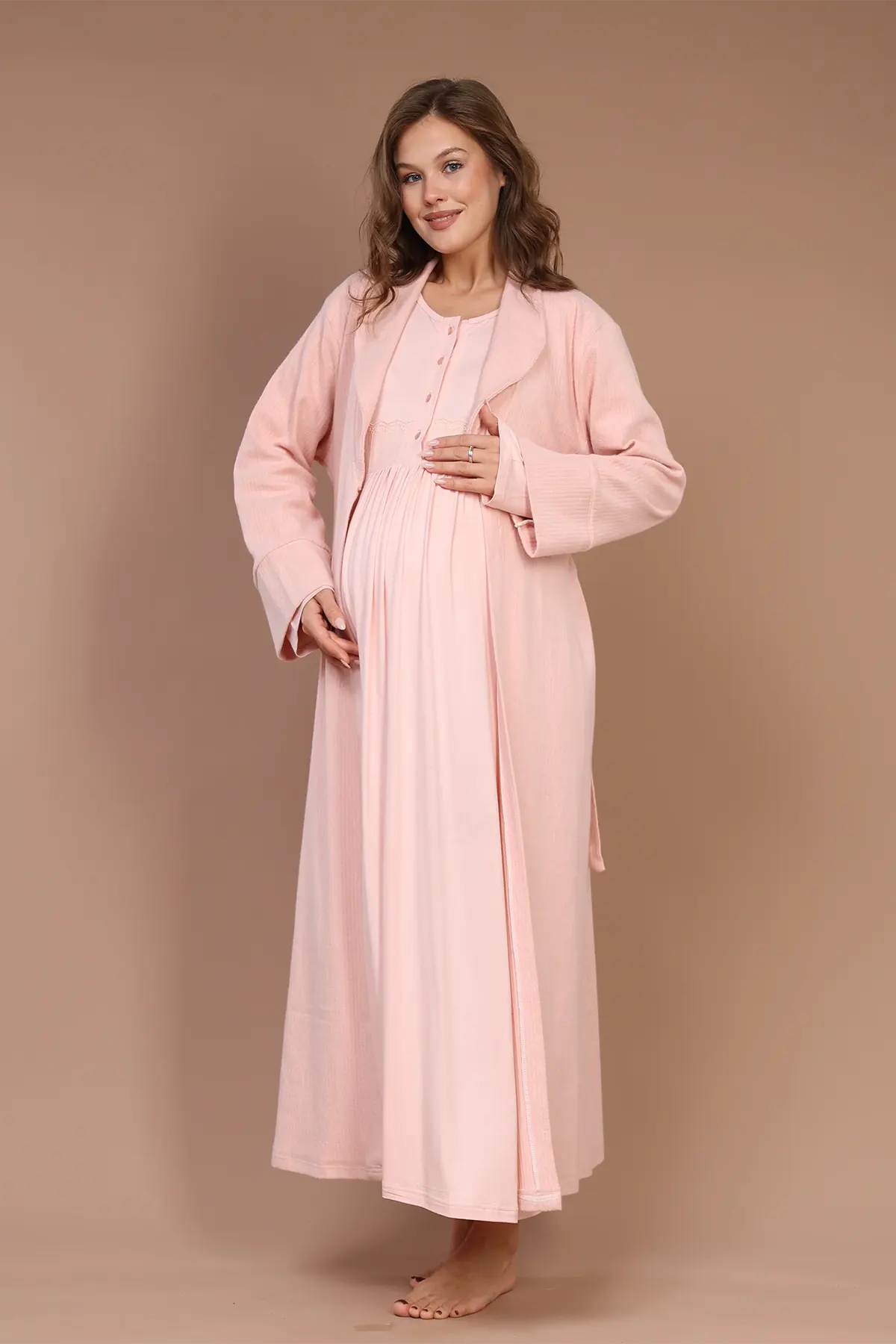 Lace Collar Maternity-Nursing Nightgown & Robe Set Pink - 608