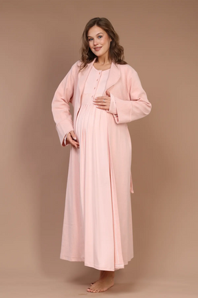 Lace Collar Maternity-Nursing Nightgown & Robe Set Pink - 608