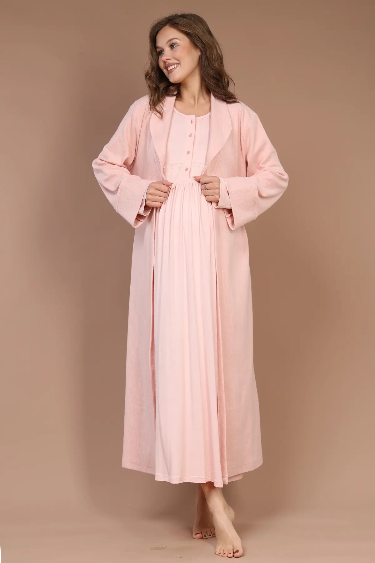 Lace Collar Maternity-Nursing Nightgown & Robe Set Pink - 608