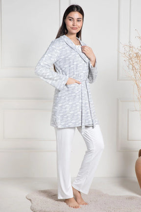 Cloud Patterned 3-Pieces Maternity & Nursing Pajamas With Robe Grey - 6100