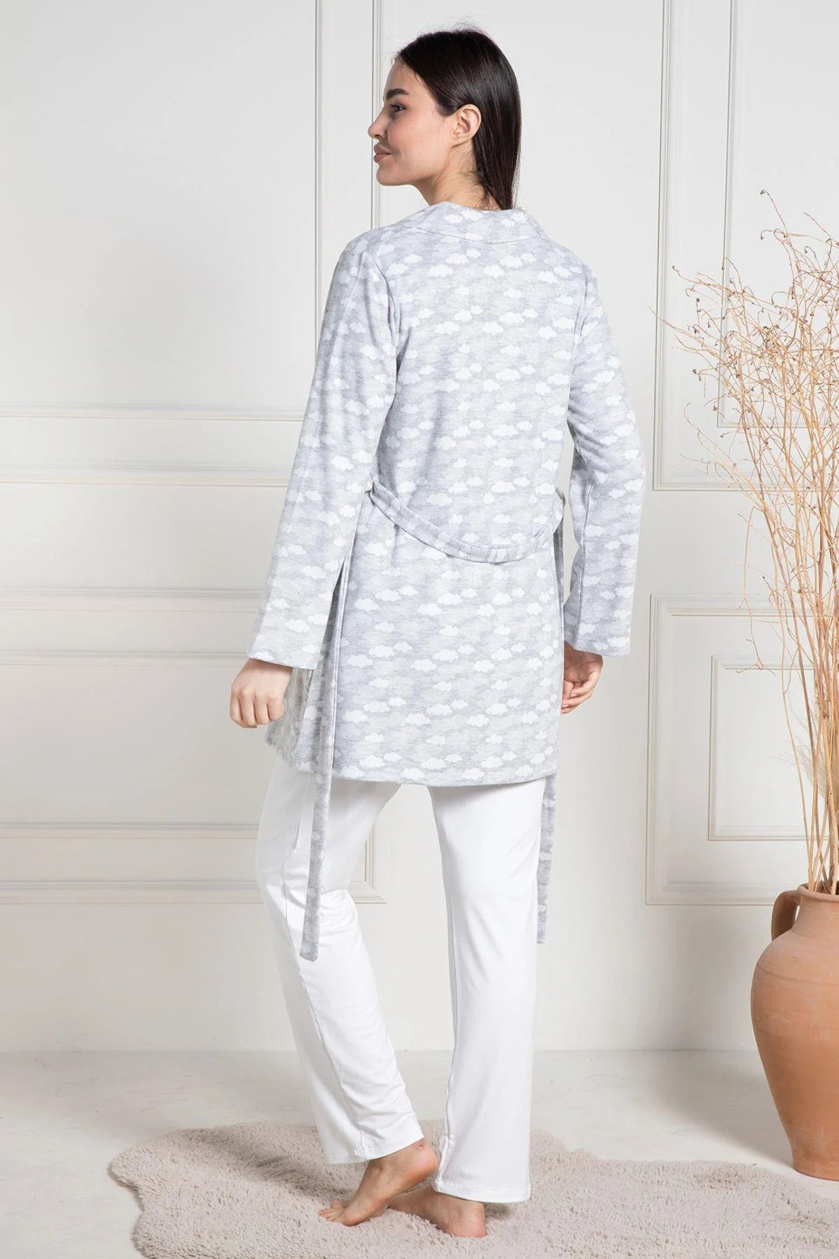 Cloud Patterned 3-Pieces Maternity & Nursing Pajamas With Robe Grey - 6100