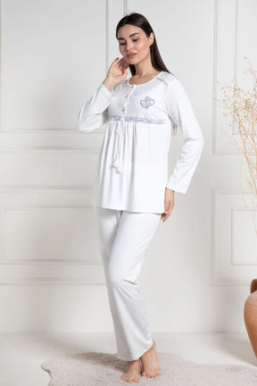 Cloud Patterned 3-Pieces Maternity & Nursing Pajamas With Robe Grey - 6100