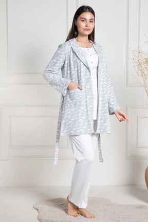 Cloud Patterned 3-Pieces Maternity & Nursing Pajamas With Robe Grey - 6100