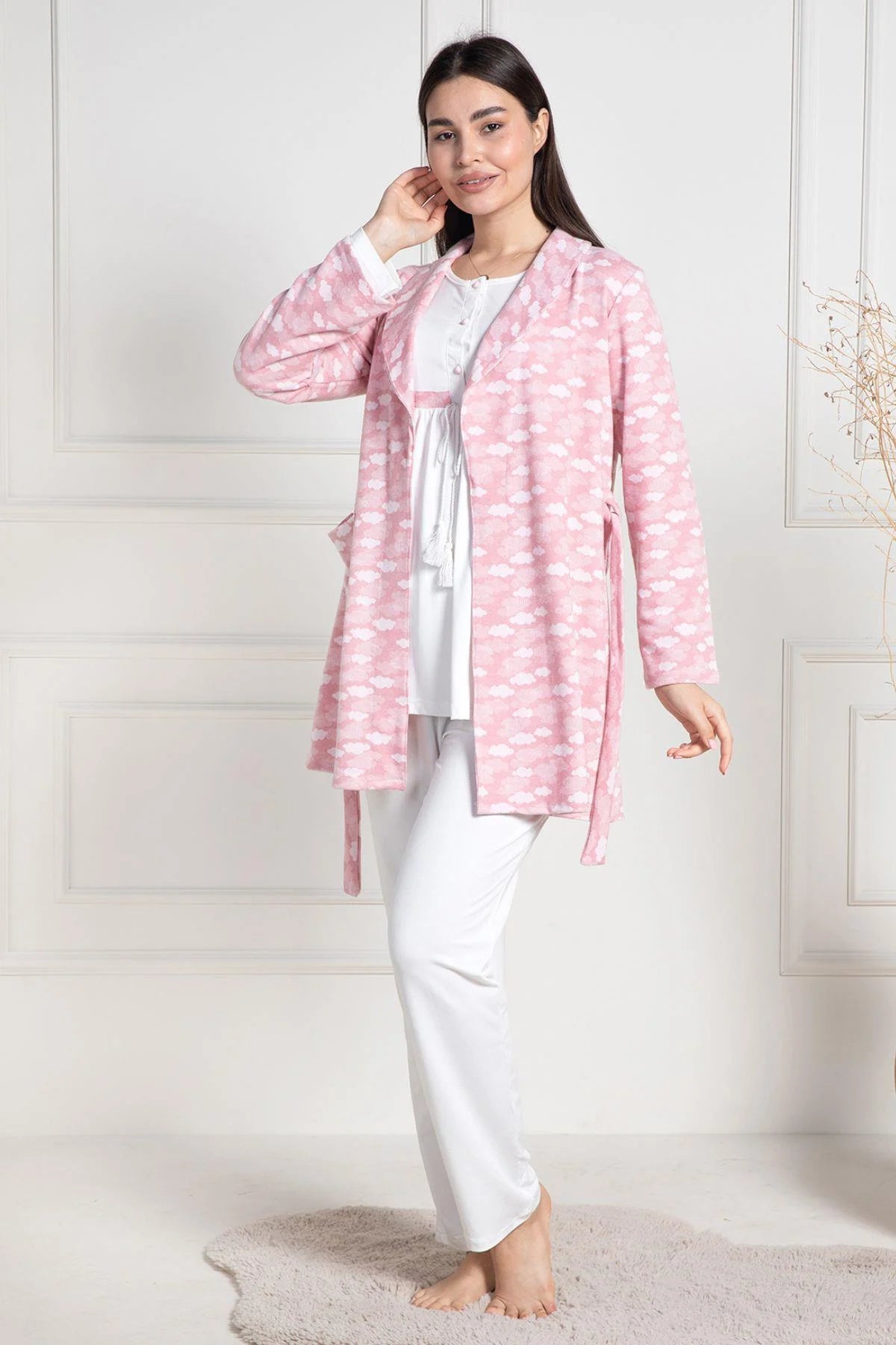 Cloud Patterned 3-Pieces Maternity & Nursing Pajamas With Robe Pink - 6100