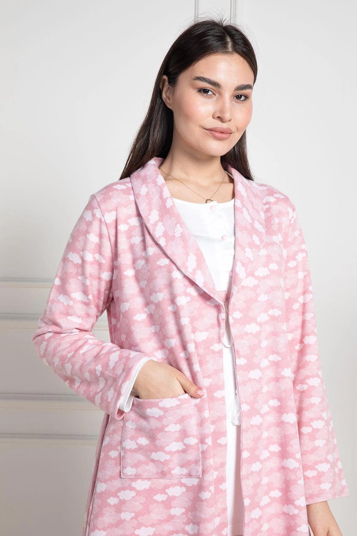 Cloud Patterned 3-Pieces Maternity & Nursing Pajamas With Robe Pink - 6100