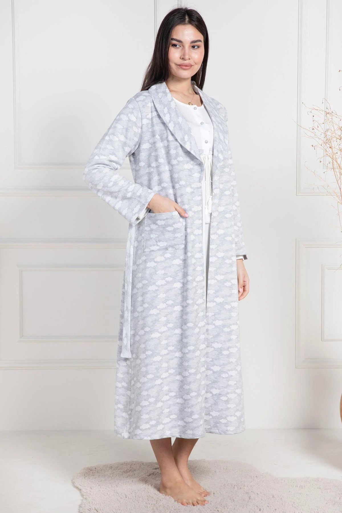 Cloud Patterned Maternity & Nursing Nightgown With Robe Grey - 6101