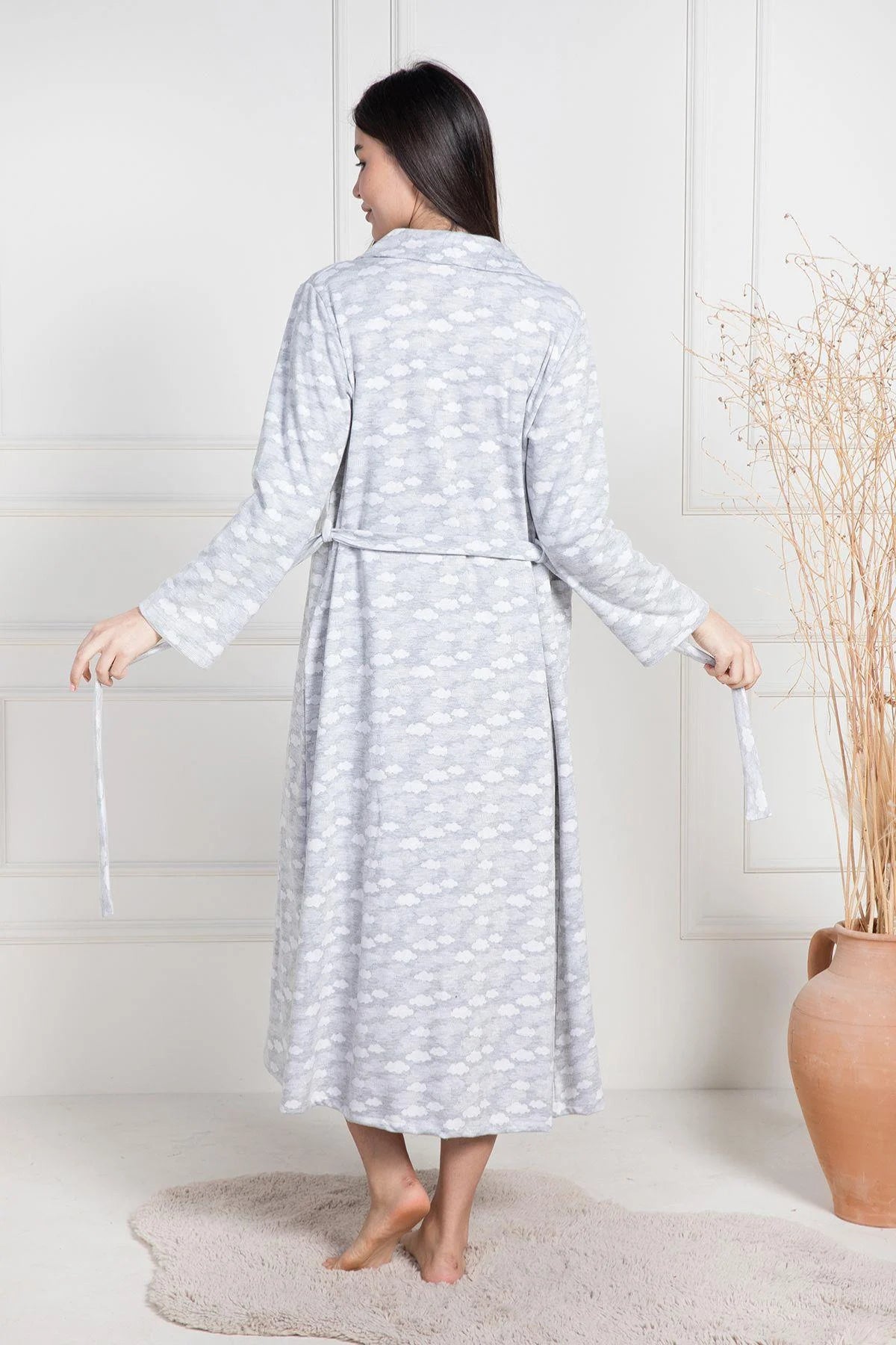 Cloud Patterned Maternity & Nursing Nightgown With Robe Grey - 6101