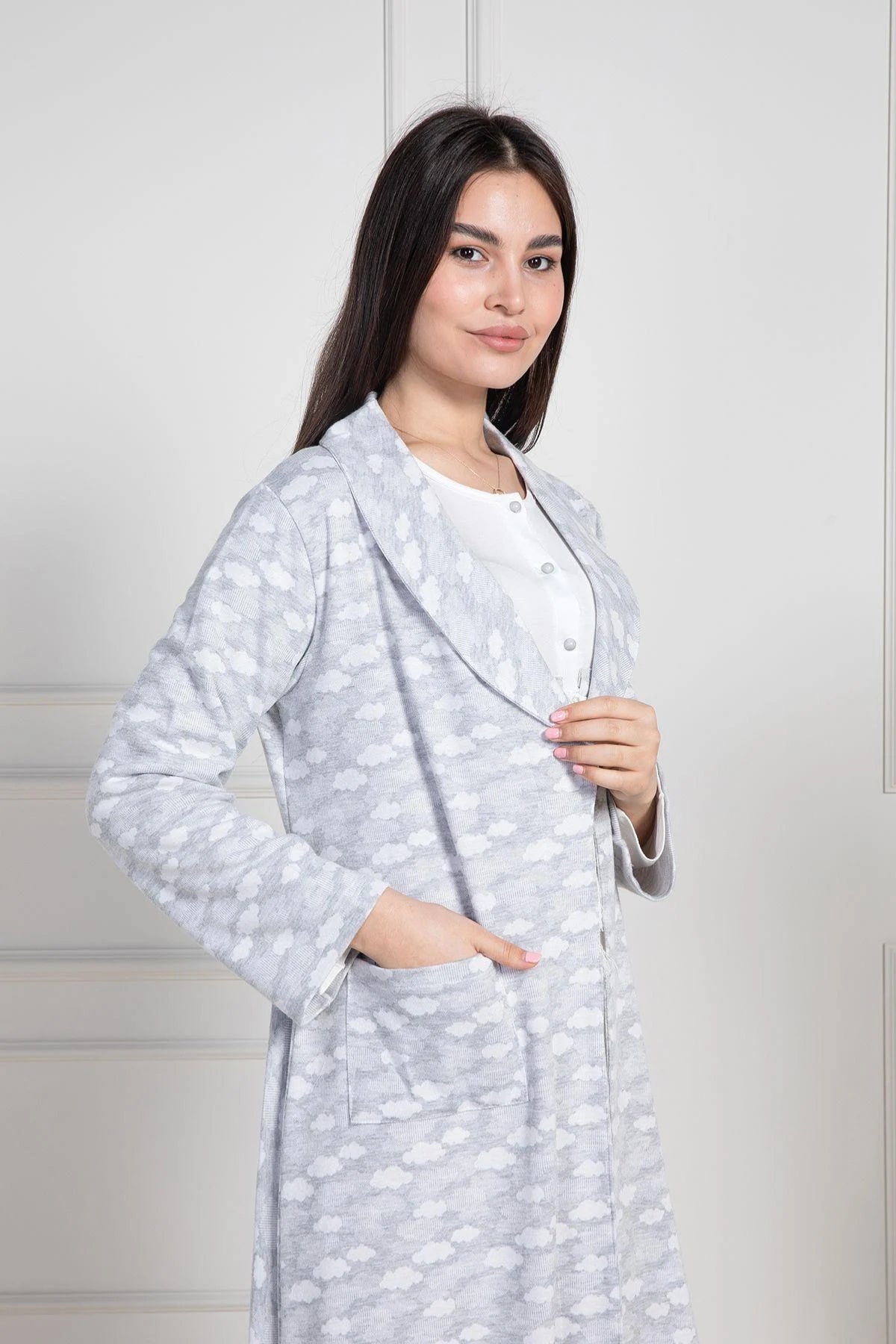 Cloud Patterned Maternity & Nursing Nightgown With Robe Grey - 6101