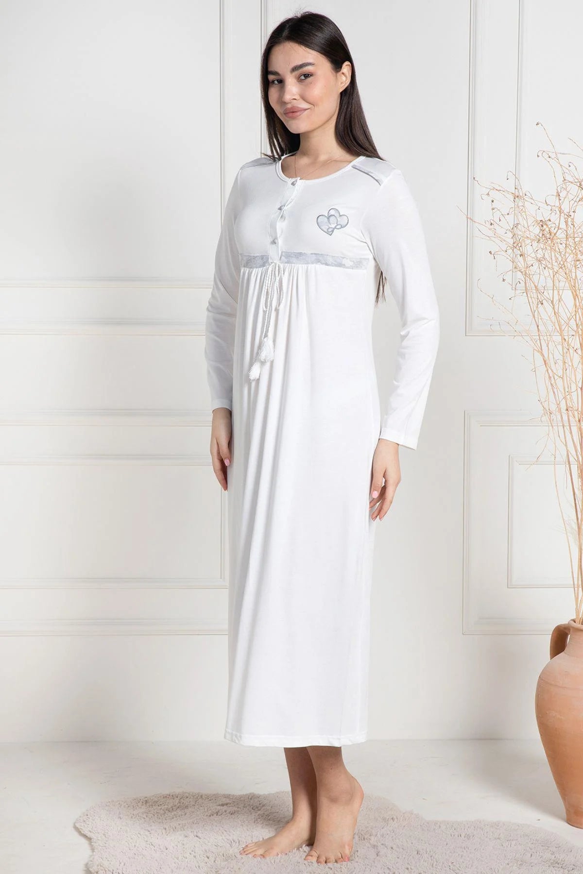 Cloud Patterned Maternity & Nursing Nightgown With Robe Grey - 6101