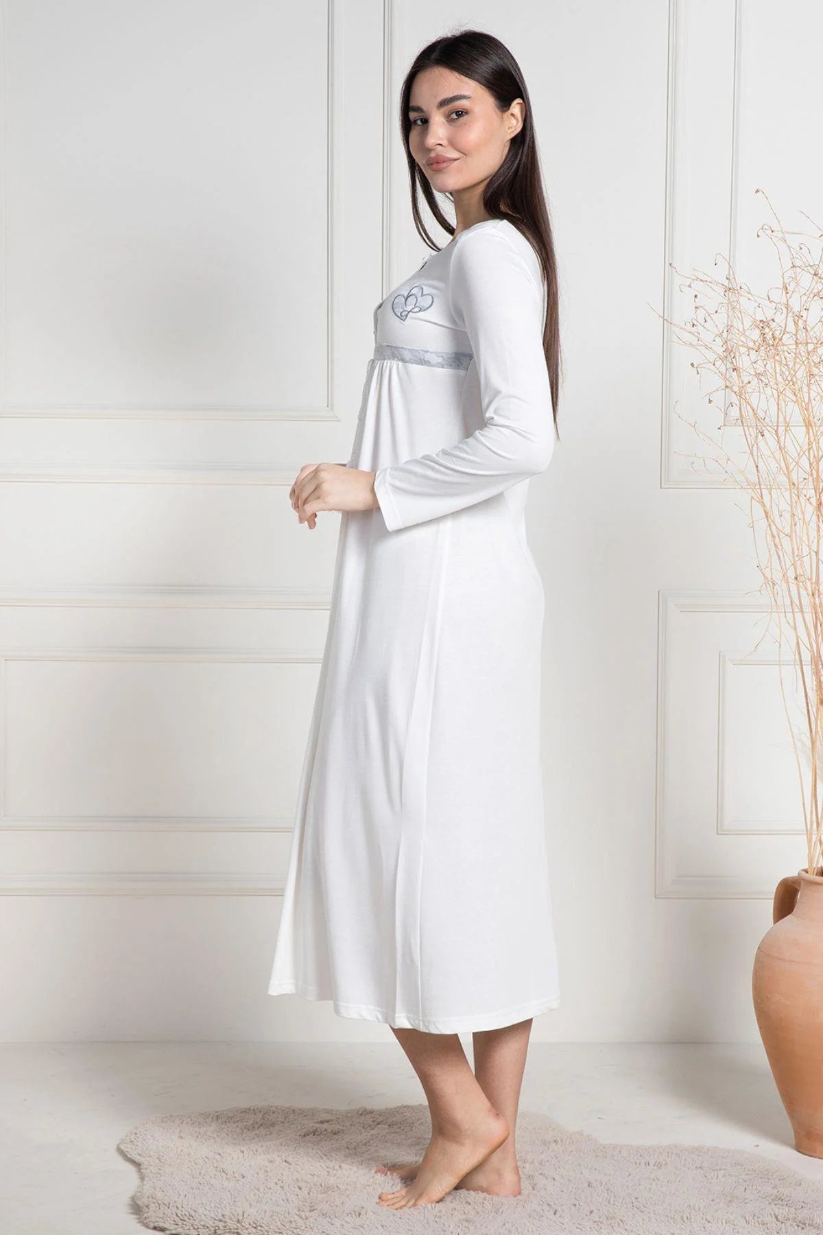 Cloud Patterned Maternity & Nursing Nightgown With Robe Grey - 6101