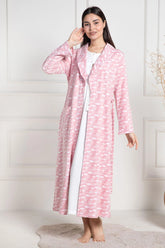 Cloud Patterned Maternity & Nursing Nightgown With Robe Pink - 6101