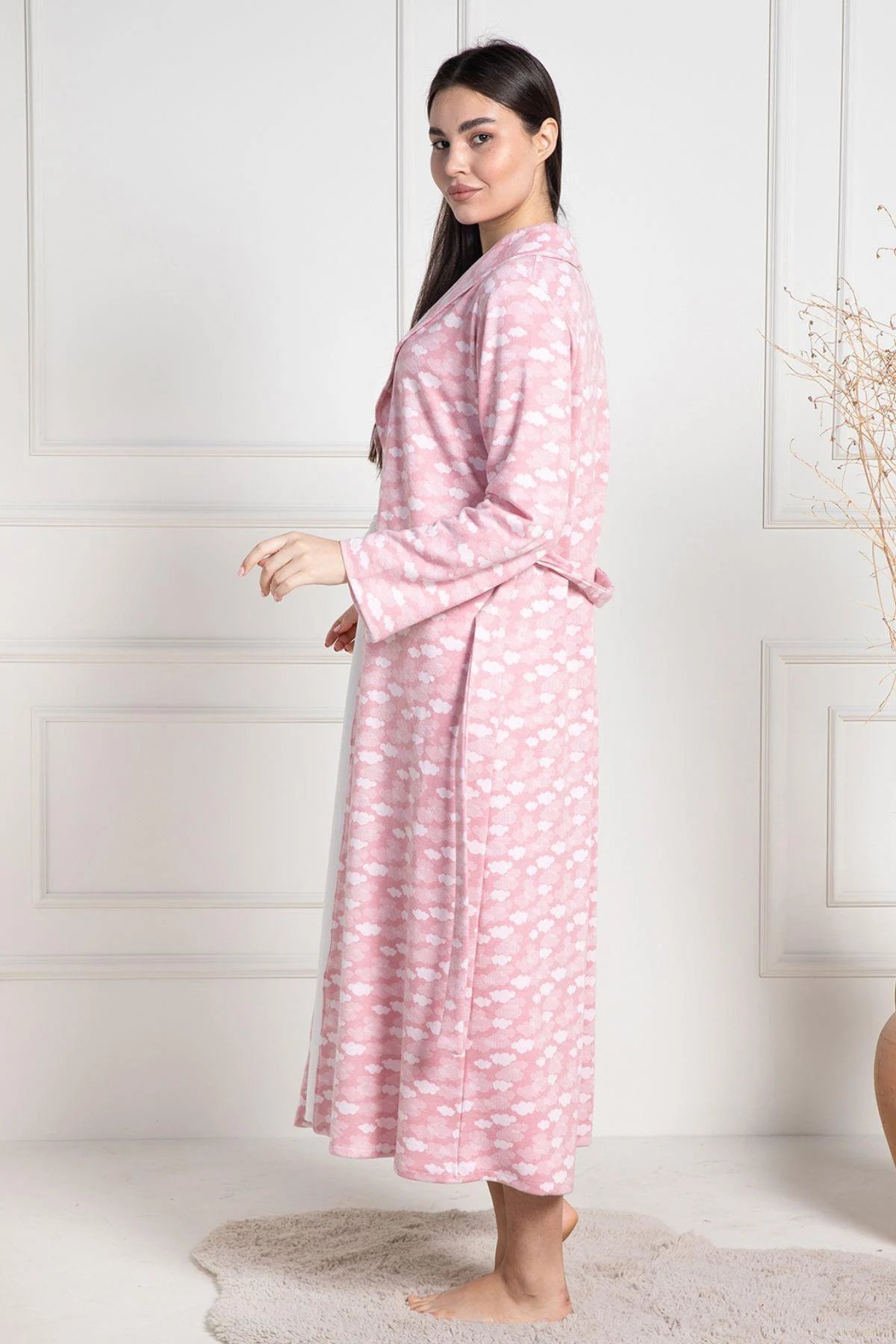 Cloud Patterned Maternity & Nursing Nightgown With Robe Pink - 6101