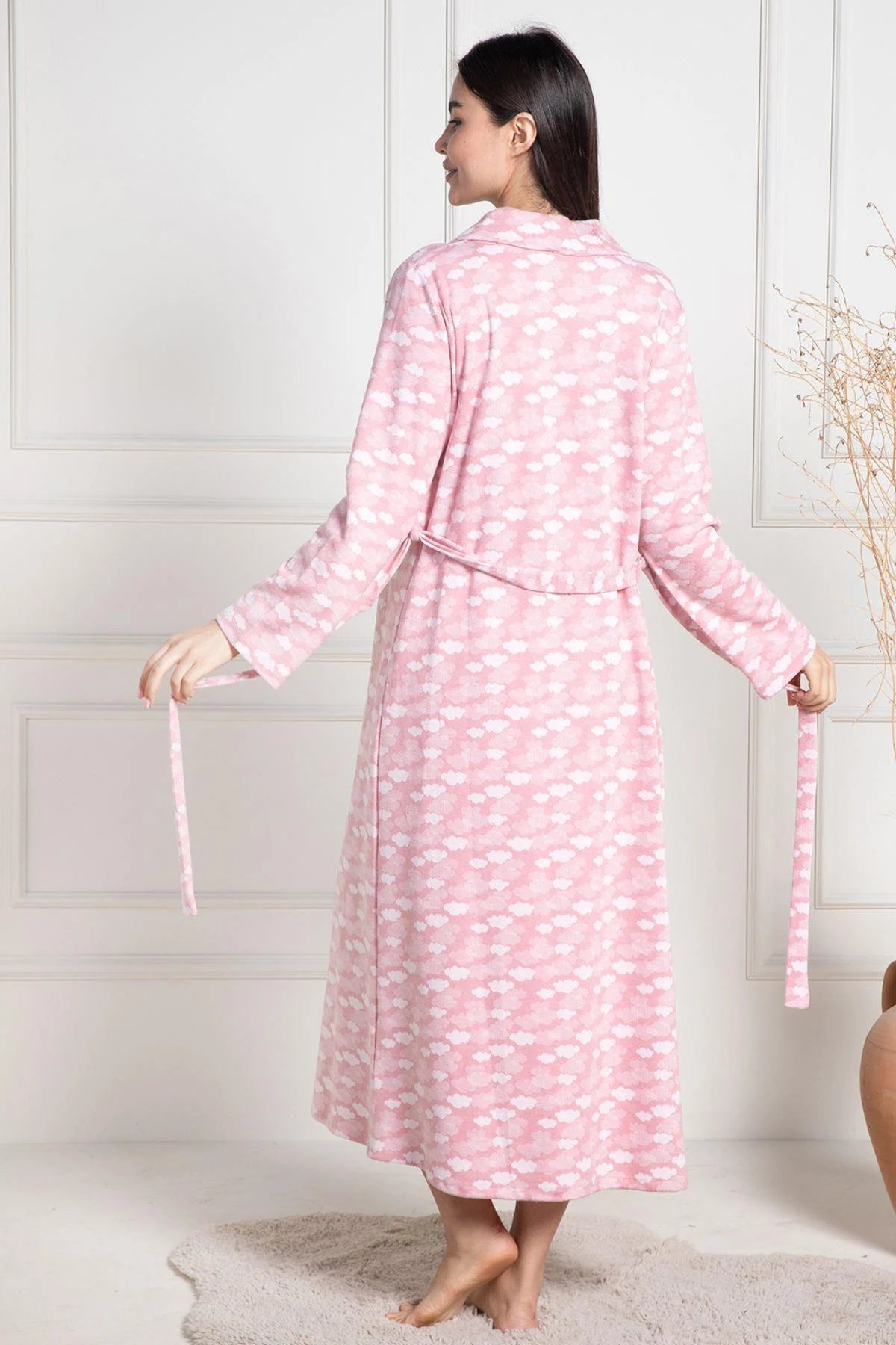 Cloud Patterned Maternity & Nursing Nightgown With Robe Pink - 6101