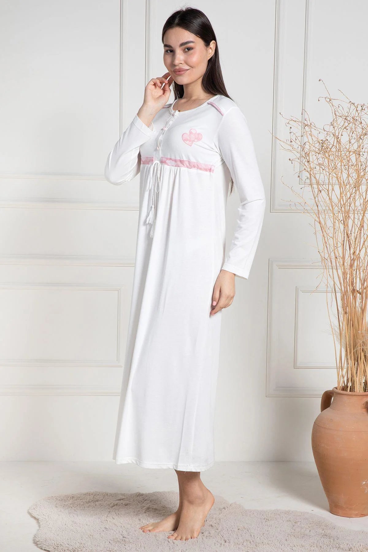 Cloud Patterned Maternity & Nursing Nightgown With Robe Pink - 6101