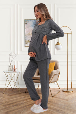 Flowery Guipure Collar Maternity & Nursing Pajamas Charcoal - 6102