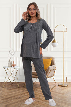 Flowery Guipure Collar Maternity & Nursing Pajamas Charcoal - 6102