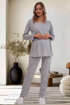 Flowery Guipure Collar Maternity & Nursing Pajamas Grey - 6102