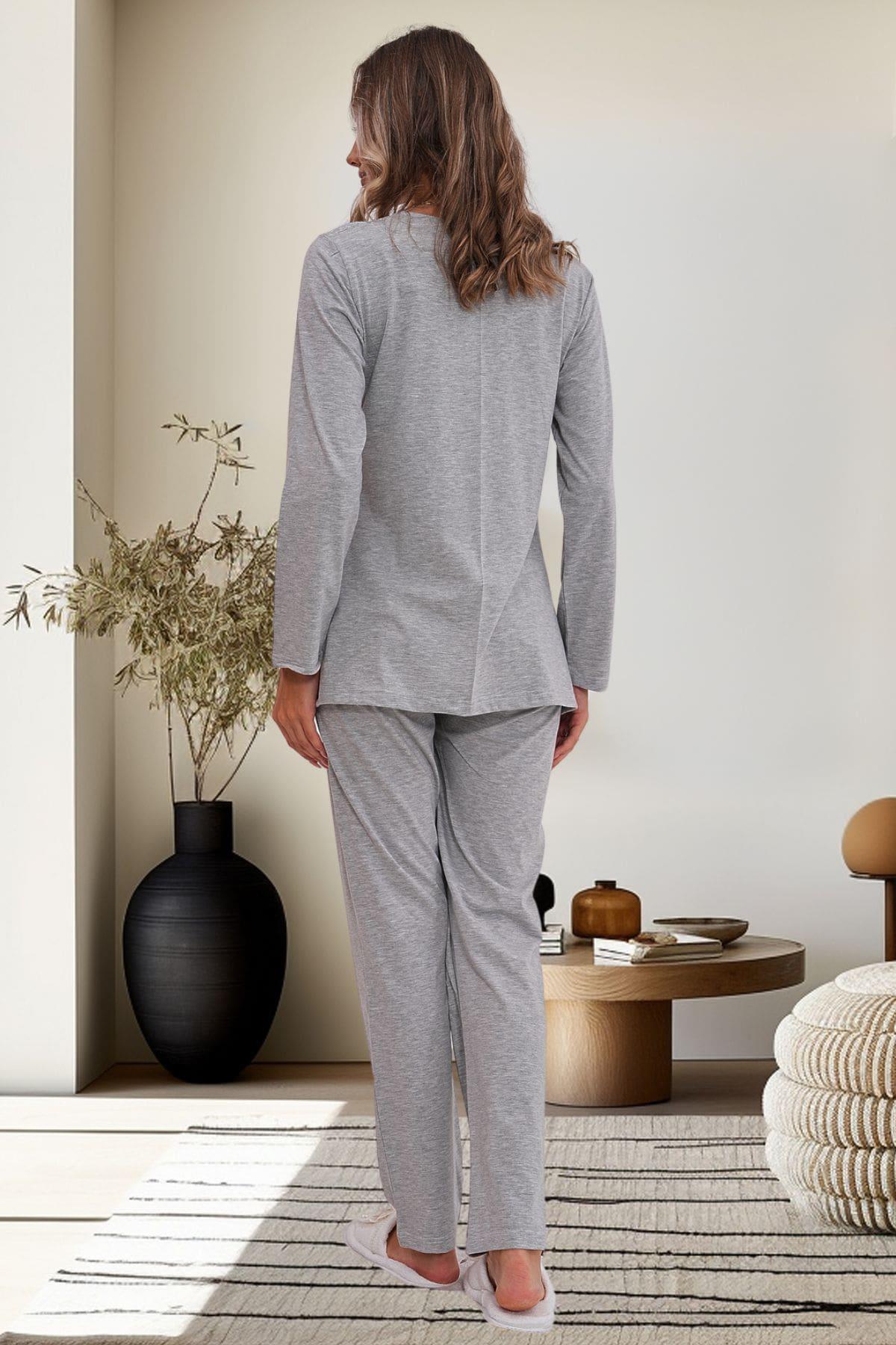 Flowery Guipure Collar Maternity & Nursing Pajamas Grey - 6102