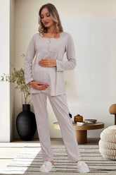 Flowery Guipure Collar Maternity & Nursing Pajamas Mink - 6102