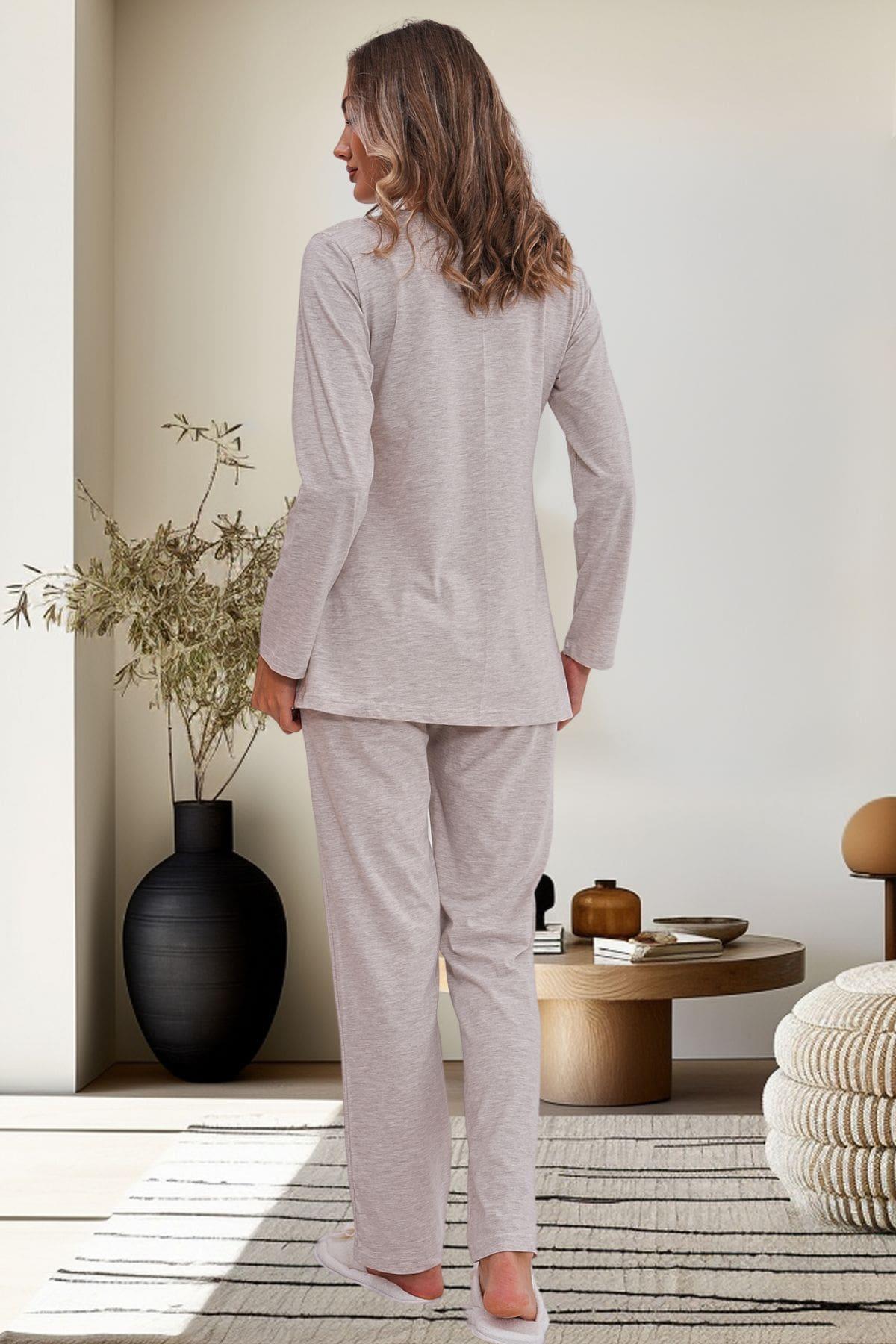 Flowery Guipure Collar Maternity & Nursing Pajamas Mink - 6102