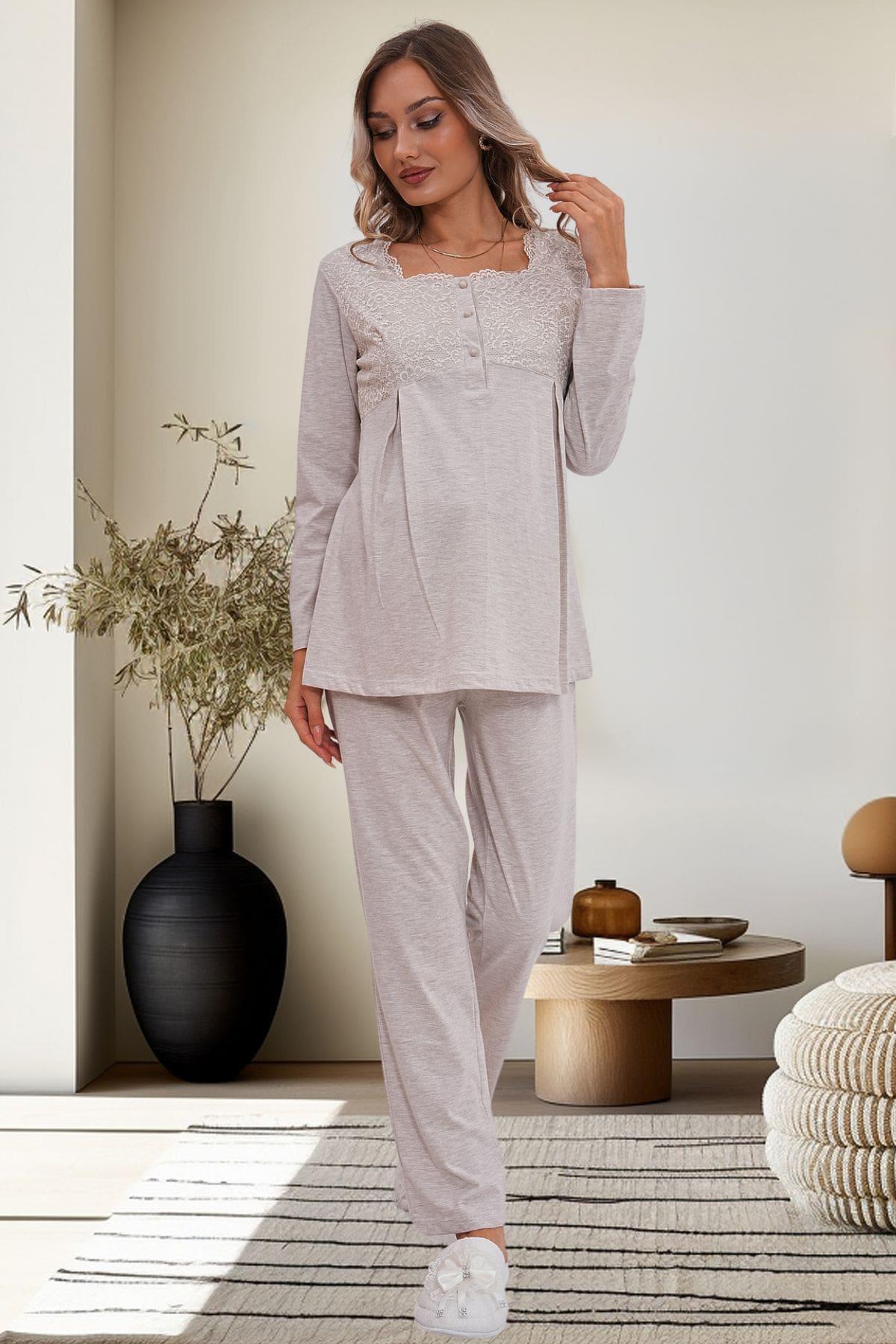 Flowery Guipure Collar Maternity & Nursing Pajamas Mink - 6102