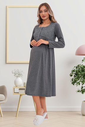 Flowery Guipure Collar Maternity & Nursing Nightgown Charcoal - 6103