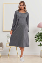 Flowery Guipure Collar Maternity & Nursing Nightgown Charcoal - 6103