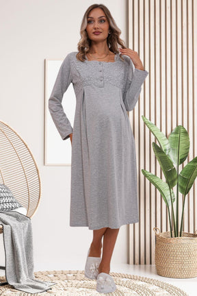 Flowery Guipure Collar Maternity & Nursing Nightgown Grey - 6103